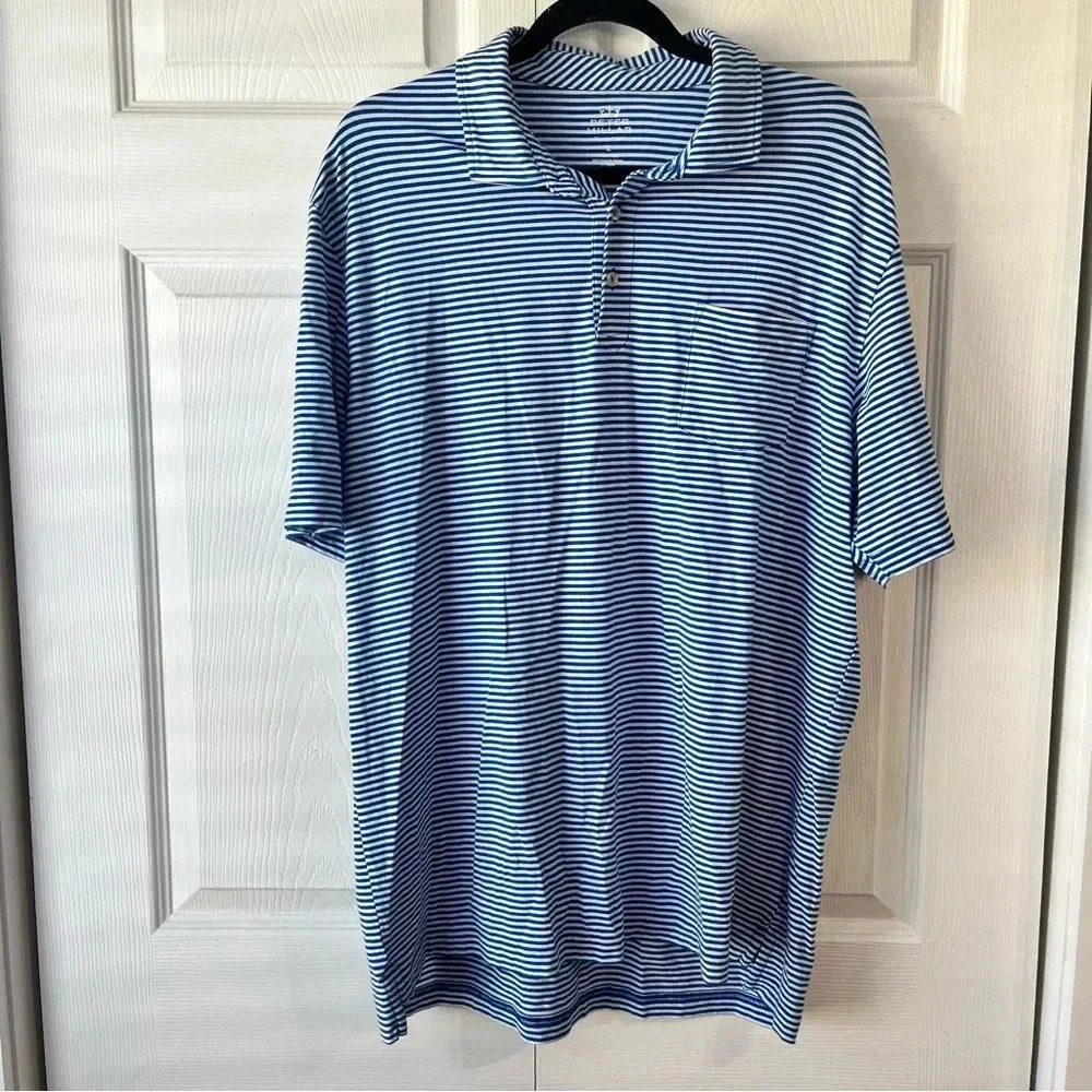 Peter Millar Polo Shirt Mens Large Blue White Striped Summer Comfort Golf